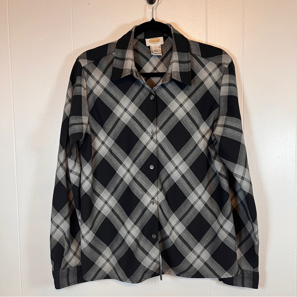 Vintage Talbots Women's Shirt Size Large Classic Plaid Black White Gray Button